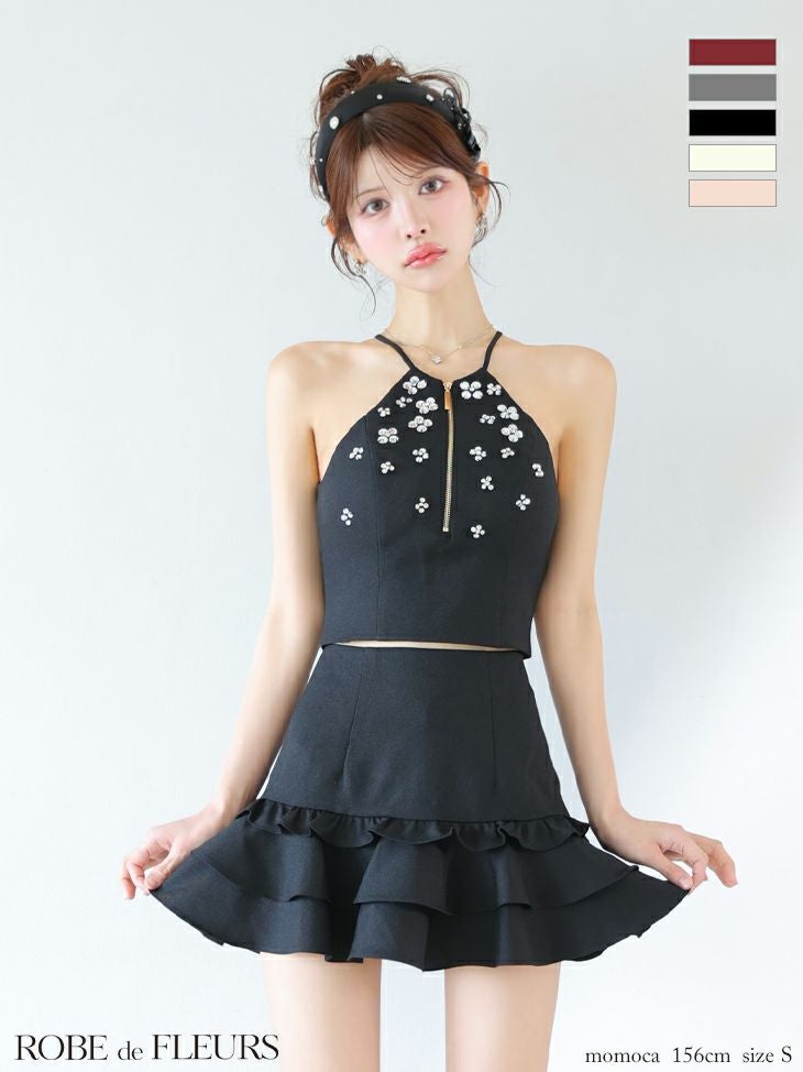 キャバドレス ミニドレス ROBEdeFLEURS ローブドフルール　高級 ブランド Aラインミニドレス セットアップ ホルターネック ジップ フリル ビジュー