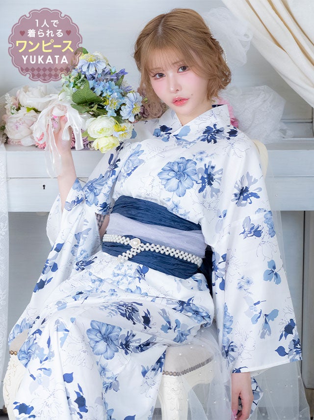 [浴衣] ワンピース2way 水彩 ニュアンスフラワー ガーリー Sweet 青 ブルベ 白 簡単 一人で着れる 3点セット (戦慄かなの着用) [tk-ykop25-t2510]