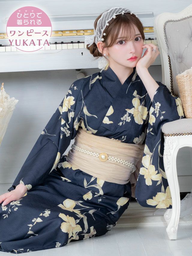 [ワンピース浴衣] アンティーク百合 紺地 2025 簡単 一人で着れる 3点セット (ゆかた羽織・ワンピース・兵児帯)