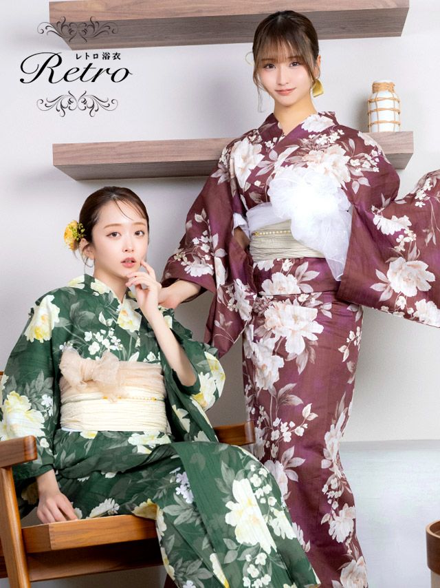 [浴衣] 古典レトロ アンティーク 牡丹 2025 3点セット (ゆかた・兵児帯・下駄)