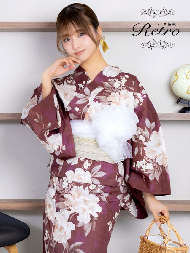 [浴衣] ニュアンス 牡丹 ワイン 2025 レトロ 3点セット 森脇梨々夏着用  (ゆかた・兵児帯・下駄)