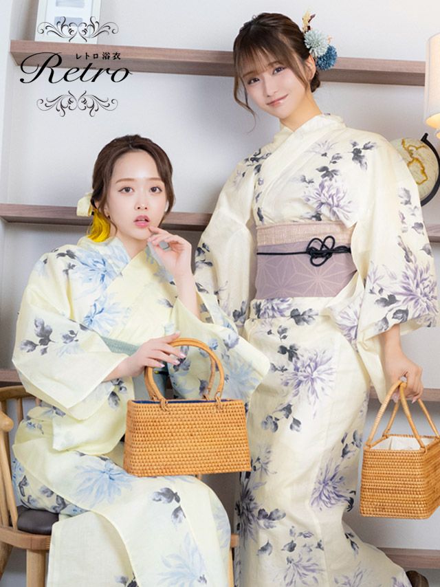 [浴衣 選べる帯] 水彩菊 クリーム地 2025 レトロ 3点セット (ゆかた・平帯or作り帯・下駄)