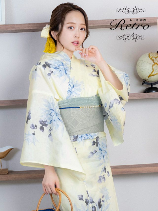 [浴衣 選べる帯] クリーム地 水彩 ライトブルー菊 2025 レトロ 3点セット みりちゃむ着用 (ゆかた・平帯or作り帯・下駄)