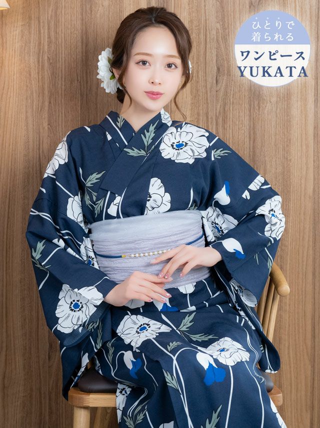 [ワンピース浴衣] 紺地 線画 ポピー レトロ 簡単 一人で着れる 3点セット みりちゃむ着用 (ゆかた羽織・ワンピース・兵児帯)