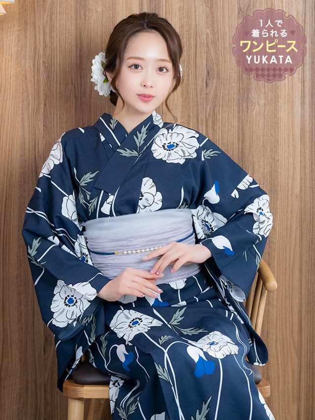 [ワンピース浴衣] 紺地 線画 ポピー レトロ 簡単 一人で着れる 3点セット みりちゃむ着用 (ゆかた羽織・ワンピース・兵児帯)