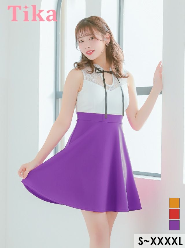  デコルテフラワーレース ネックリボン ノースリーブ バイカラー 切り替え フレアミニドレス (Sサイズ～ XXXXLサイズ) (上ノ堀結愛/キャバドレス着用)