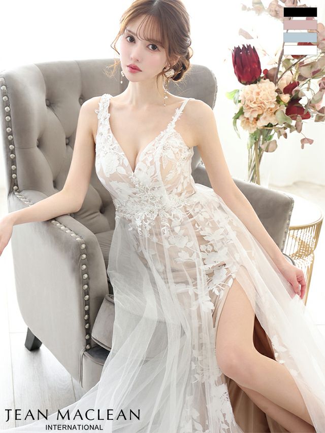 キャバドレス ロングドレス JEANMACLEAN ジャンマクレーン 高級 ノースリーブ フラワー　刺繍レース シアー スリット Aラインロングドレス