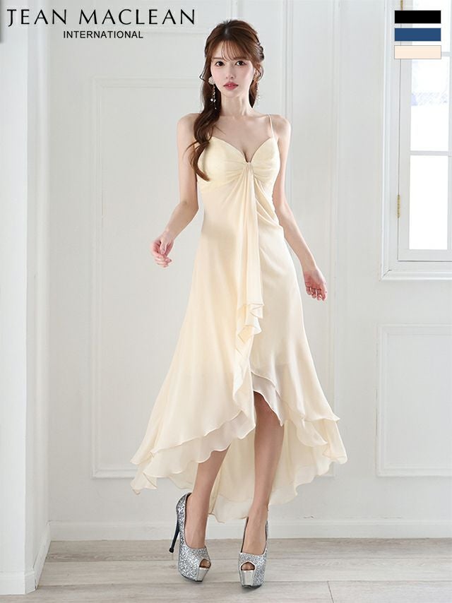 キャバドレス 前ミニドレス JEANMACLEAN ジャンマクレーン 高級 キャミソール シフォン タック ワンカラー ロングテールドレス