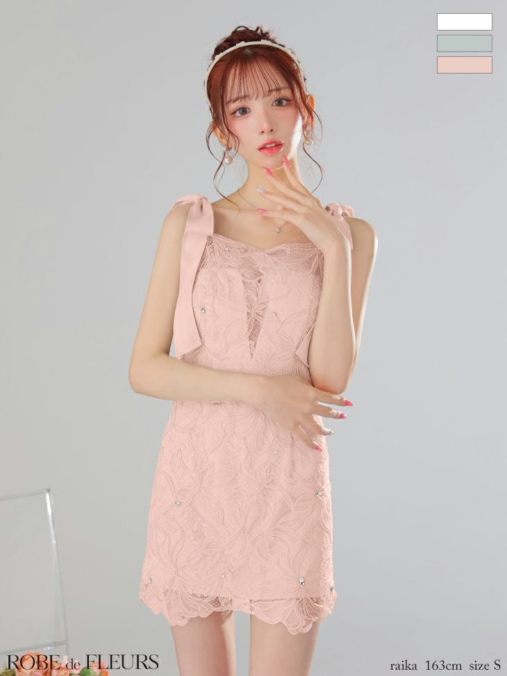 キャバドレス ミニドレス ROBEdeFLEURS ローブドフルール 高級 ショルダーリボン キャミソール ケミカルレース セクシー タイトミニドレス
