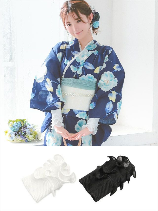 [浴衣小物] プリーツ シフォン フリル カフス (ホワイト/ブラック)