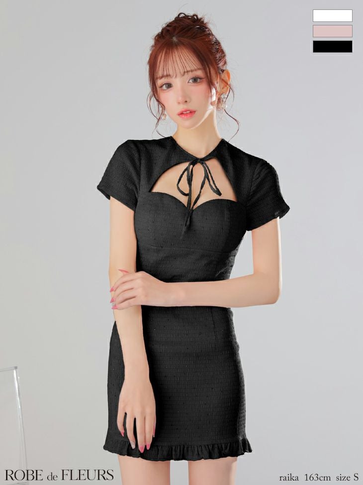 キャバドレス ミニドレス ROBEdeFLEURS ローブドフルール　高級 ワッフル ビジュー ネックリボン 半袖 バストカット ウエストリボン キュート タイトミニドレス