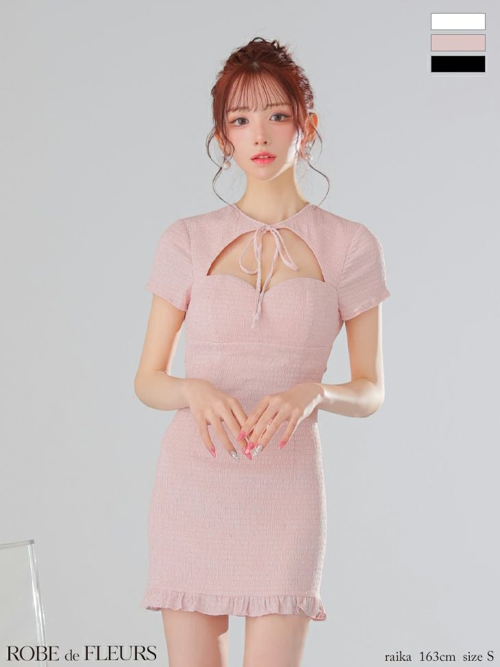 キャバドレス ミニドレス ROBEdeFLEURS ローブドフルール　高級 ワッフル ビジュー ネックリボン 半袖 バストカット ウエストリボン キュート タイトミニドレス