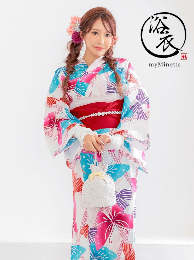 [浴衣] プチプラ 安い 白地 × カラフル 蝶柄 2点セット (ゆかた・平帯)