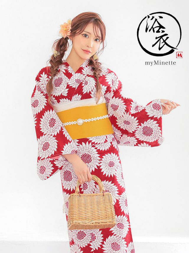 [浴衣] プチプラ 安い 赤地 × レトロ 向日葵柄 3点セット (ゆかた・作り帯・下駄)