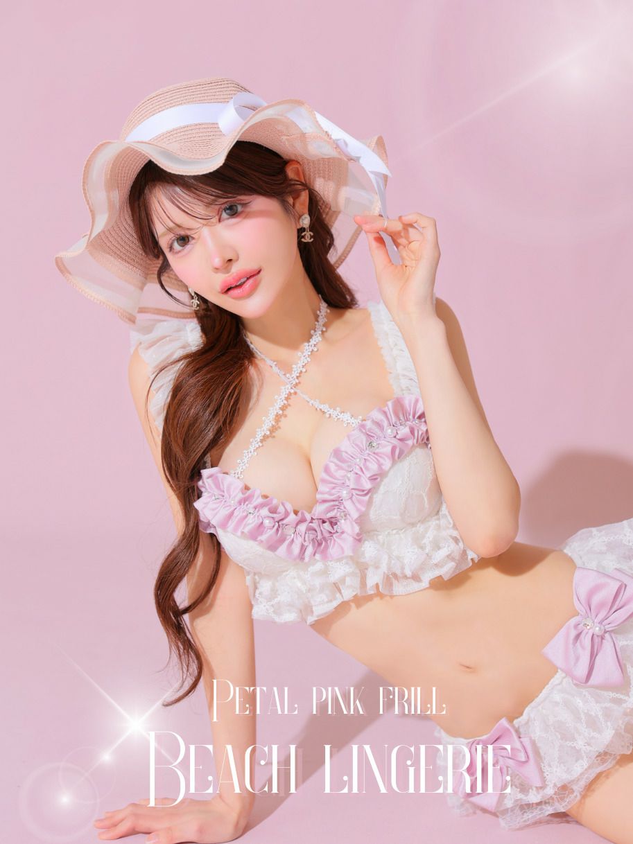 Beach Lingerie ビーチランジェリー 高級 刺繍レース リボン フリル スパンコールレース キュート ビキニ 上下セット［ビキニ/フリルショーツ]