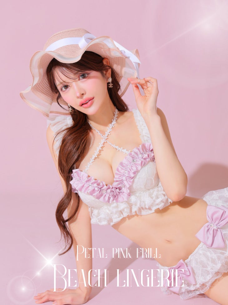 Beach Lingerie ビーチランジェリー 高級 刺繍レース リボン フリル スパンコールレース キュート ビキニ 上下セット［ビキニ/フリルショーツ]