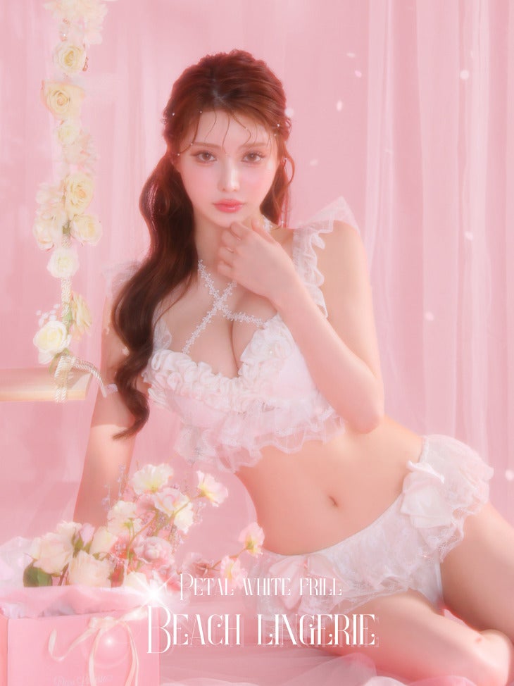 Beach Lingerie ビーチランジェリー 高級 刺繍レース リボン フリル スパンコールレース キュート ビキニ 上下セット[ビキニ/フリルショーツ]