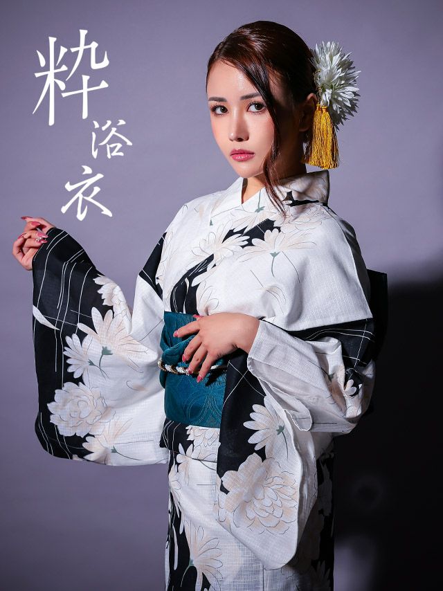 浴衣] 牡丹柄 シック かっこいい 粋 黒 ブラック 白 モノトーン 2点