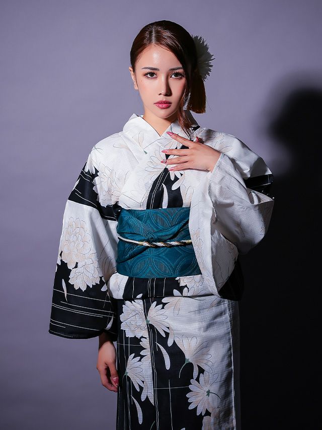 浴衣] 牡丹柄 シック かっこいい 粋 黒 ブラック 白 モノトーン 2点