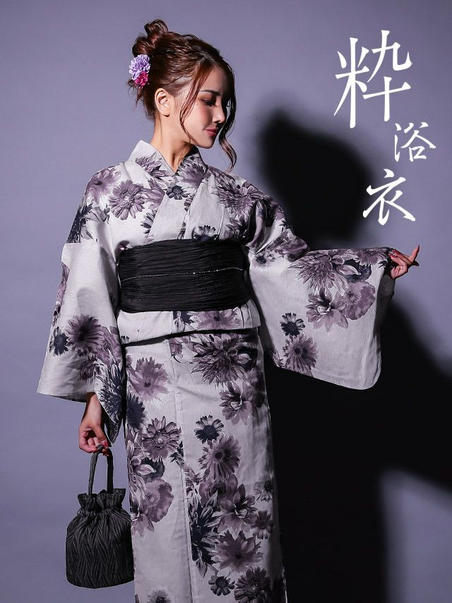 [浴衣] ヴィンテージフラワー グレー地 2025 粋シリーズ 3点セット (ゆかた・兵児帯・下駄)