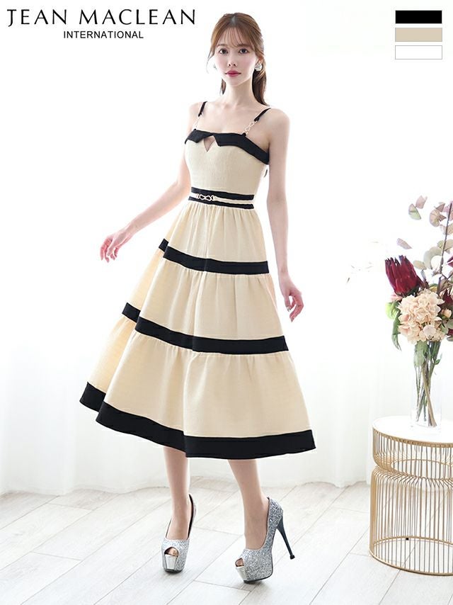 キャバドレス ロングドレス JEANMACLEAN ジャンマクレーン 高級 キャミソール ウエストベルト バストカット 柄織りニット バイカラー Aラインロングドレス
