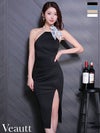 キャバドレス 膝丈ドレス Veautt/ヴュート 高級 ホルターネック パール スカーフ付き スリット サテン タイト膝丈ドレス