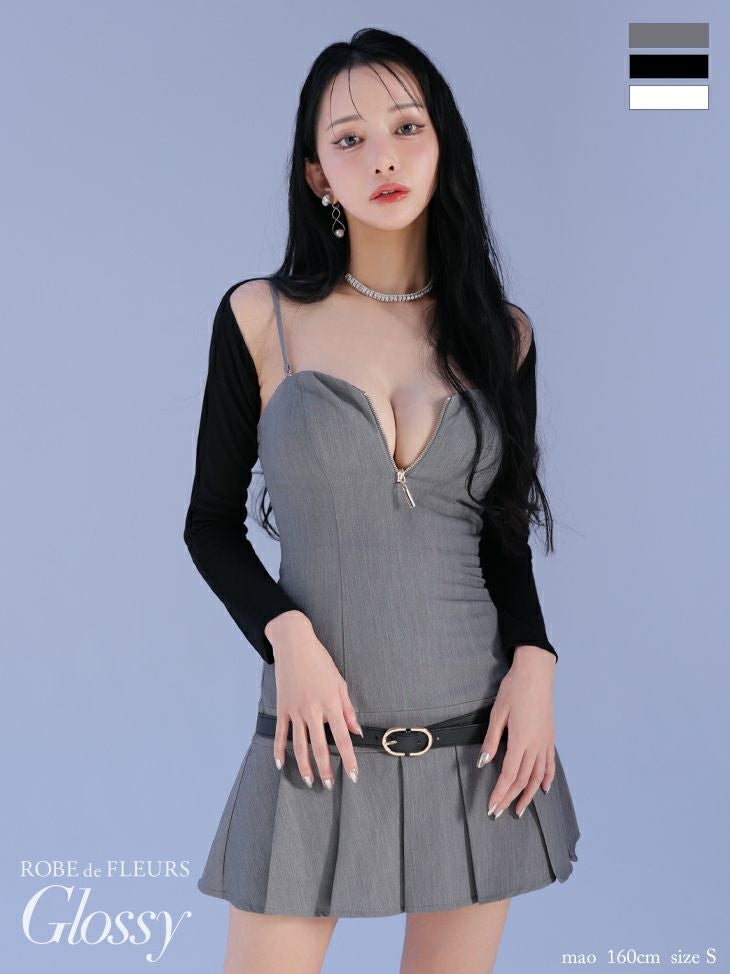 キャバドレス ミニドレス ROBEdeFLEURSGlossy ローブドフルールグロッシー 高級 2way キャミソール ウエストベルト ラメカットソー 長袖 ボレロ プリーツ ジップ フレアミニドレス