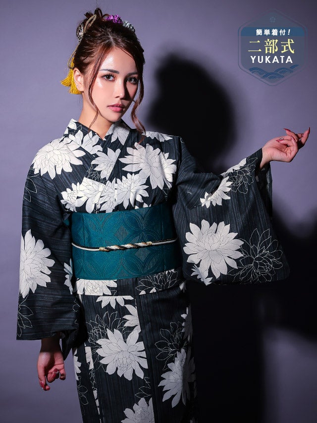 [浴衣] セパレート 上下別 二部式 ダリア シック かっこいい 粋 モダン 黒白モノトーン 簡単 一人で着れる 2点セット (EGASARI着用) [tk-ykik25-nt59nb]