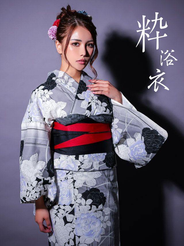 [浴衣 選べる帯] 縦縞 モノトーン 薔薇 2025 粋シリーズ ゆかた 3点セット (ゆかた・平帯or作り帯・下駄)