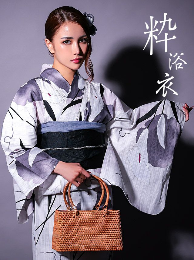 [浴衣 選べる帯] 粋 水墨 雪輪 モノトーン 3点セット (ゆかた・平帯or作り帯・下駄)