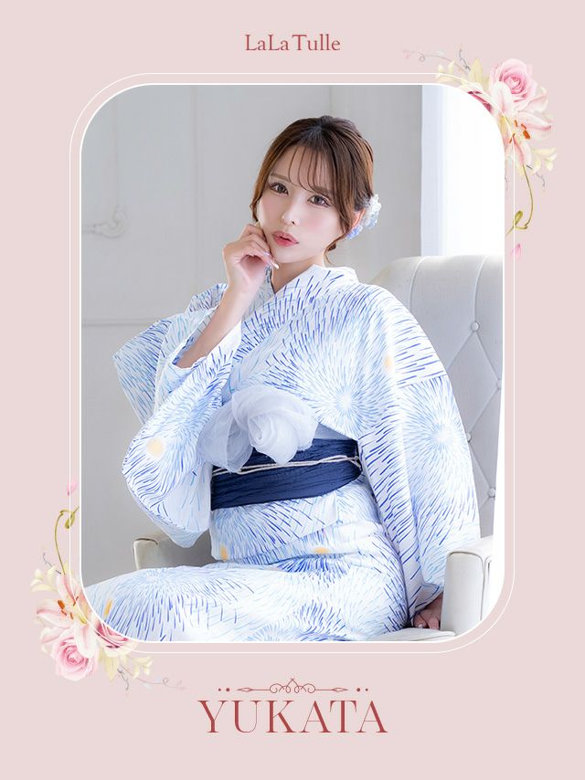 浴衣] 花火 綿麻 大人綺麗 水色 ブルベ 白 3点セット (伊藤舞雪着用