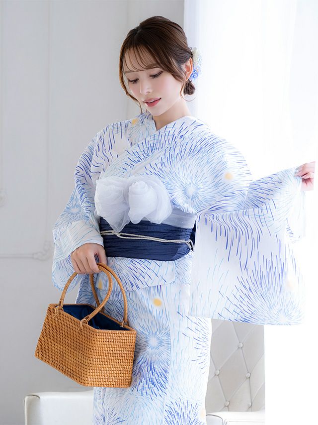 浴衣] 花火 綿麻 大人綺麗 水色 ブルベ 白 3点セット (伊藤舞雪着用