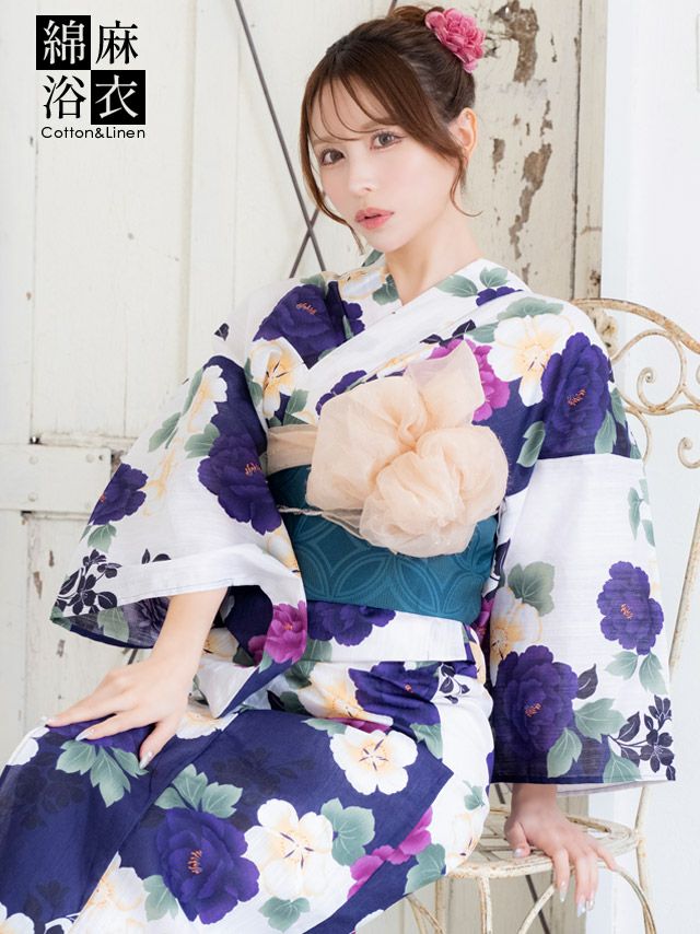 [浴衣 選べる帯] 綿麻 白地に3色花柄 大人綺麗 3点セット 伊藤舞雪着用 (ゆかた・平帯or作り帯・下駄)