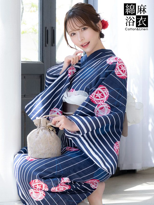 [浴衣 選べる帯] 綿麻 紺地に白ストライプ 鞠デザイン 大人綺麗 3点セット 伊藤舞雪着用 (ゆかた・平帯or作り帯・下駄)