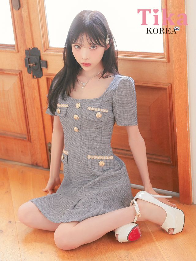 メイン画像 キャバドレス 韓国 ミニドレス 半袖 ゴールドチェーン ボタン フェイクポケット グレー Aライン ワンピース (緩苺着用) [tk-mdk5100]