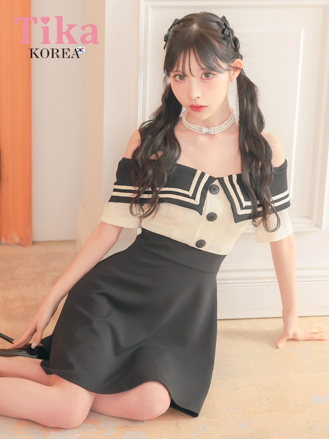 メイン画像 キャバドレス 韓国 ミニドレス 襟付き セーラーカラー オフショルダー バイカラー Aライン キャバドレス (緩苺着用) [tk-mdk5011]