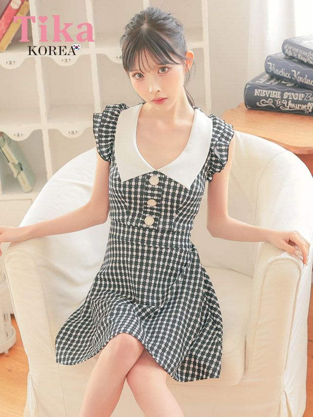 メイン画像 キャバドレス 韓国 ワンピース 襟付き ノースリーブ フリル袖 千鳥格子柄 Aライン ミニドレス キャバドレス (緩苺着用) [tk-mdk5014]