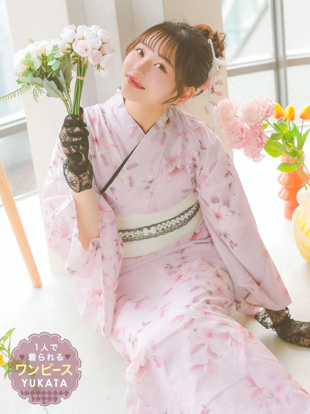 [浴衣] ワンピース2way フラワー ニュアンス ガーリー Sweet ピンク 簡単 一人で着れる 3点セット (上ノ堀結愛着用) [tk-ykop25-t2511a]