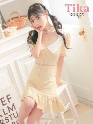  韓国ドレス ミニドレス 襟付き 半袖 ボタン ウエストカット ワッフル 裾フリル タイトキャバドレス (緩苺着用) [tk-mdk5075]