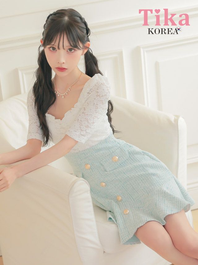 メイン画像 キャバドレス 韓国 ワンピース 袖あり 五分袖 ホワイトレース 切り替え ゴールボタン ツイード 胸元カバー ミント ミニドレス Aライン キャバドレス (緩苺着用) [tk-mdk5022]