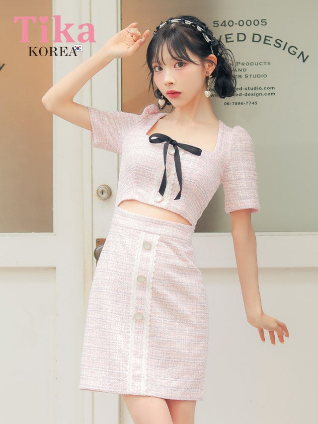 メイン画像 キャバドレス 韓国 ミニドレス 袖あり 五分袖 ネックリボン ウエストカットアウト レーステープ ボタン ツイード タイト キャバドレス (緩苺着用) [tk-mdk5039]