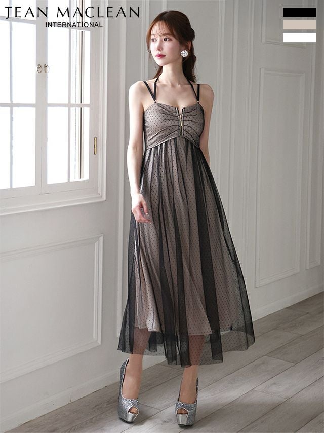 キャバドレス ロングドレス JEANMACLEAN ジャンマクレーン高級 ドット柄 チュール キャミソール ジップ ネックリボン シンプル Aラインロングドレス