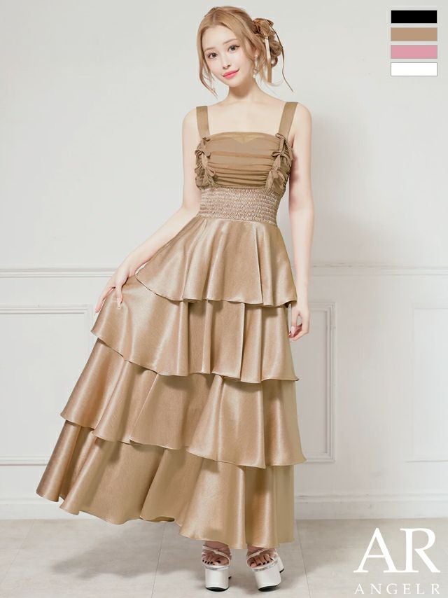 キャバドレス ロングドレス Angel-R エンジェルアール 高級 ノースリーブ バストリボン フリルスカート ウエストシャーリング ガーリー Aラインロングドレス