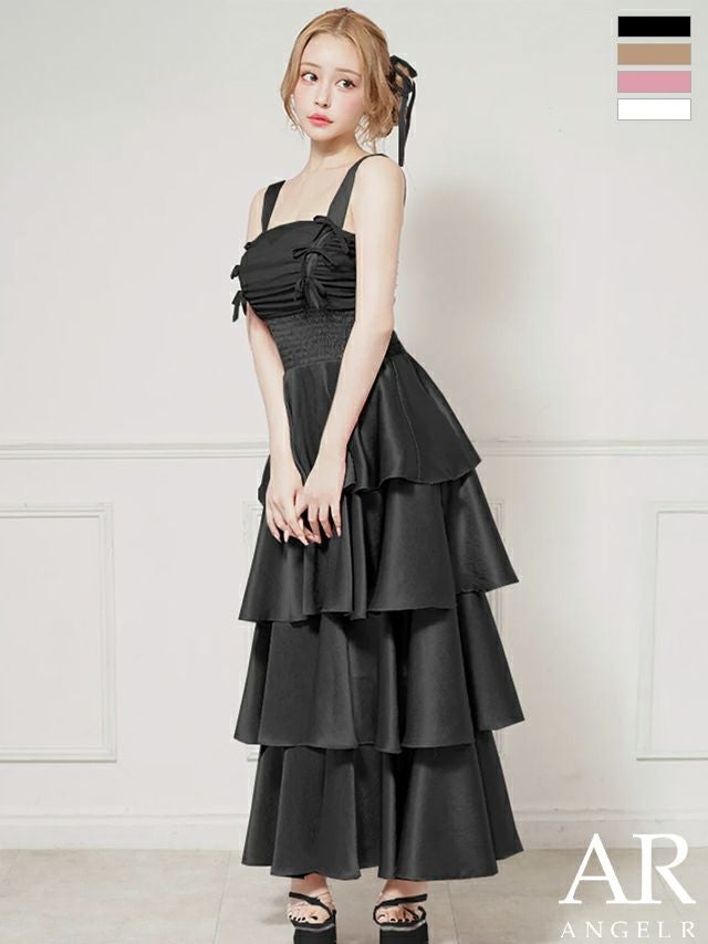 キャバドレス ロングドレス Angel-R エンジェルアール 高級 ノースリーブ バストリボン フリルスカート ウエストシャーリング ガーリー Aラインロングドレス