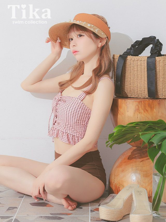 水着 ビキニ 大きいサイズ ビスチェ ハイウエスト チェック 体型カバー 韓国