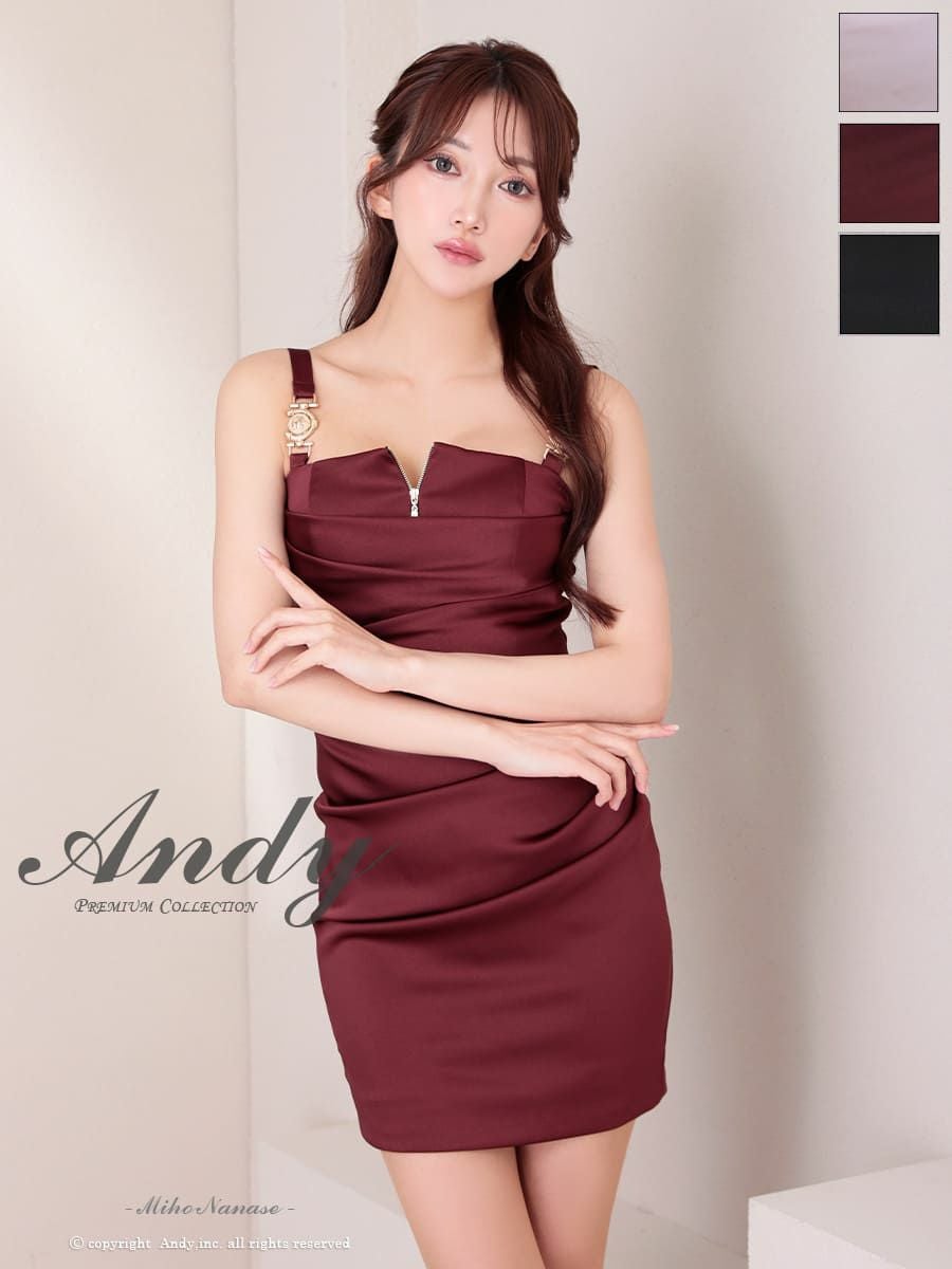 キャバドレス Andy アンディ ノースリーブ ジップ サテン タック ワンカラー タイトミニドレス