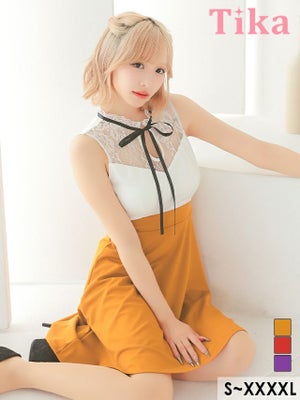  ハイネック フラワーレース ネックリボン ノースリーブ バイカラー 切り替え フレアミニドレス (Sサイズ～ XXXXLサイズ) (重川茉弥/キャバドレス着用)