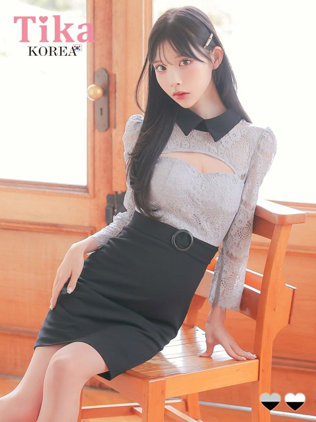 メイン画像 キャバドレス 韓国 ミニドレス 襟付き バストカット 袖あり スカラップレース 谷間魅せ タイト キャバドレス (緩苺着用) [tk-mdkj001a]