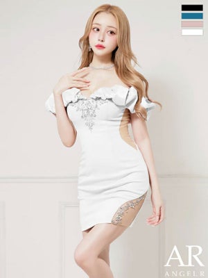 [Angel-R/エンジェルアール] 高級 サテン オフショルダー ビジュー刺繍 くびれ タイトミニドレス