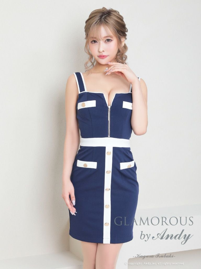 キャバドレス an アン　高級 パイピング ノースリーブ ジップ ボタン フェイクポケット 谷間魅せ タイトミニドレス